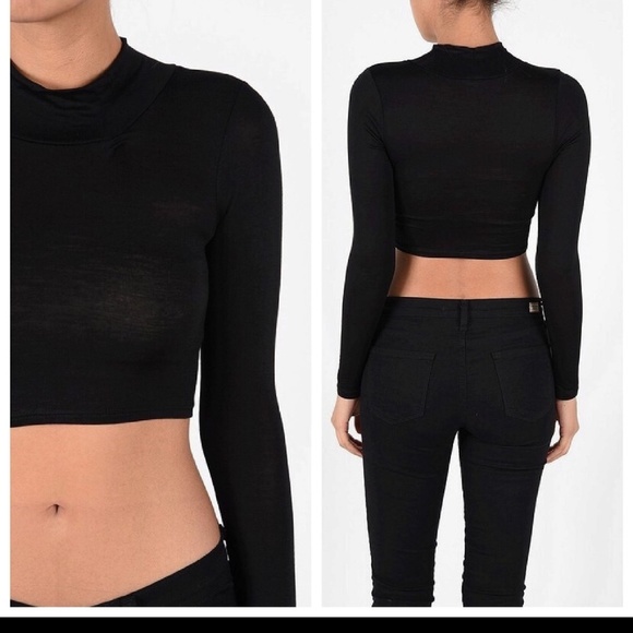 BLACK MOCK NECK CROP TOP LONG SLEEVE - Picture 3 of 3